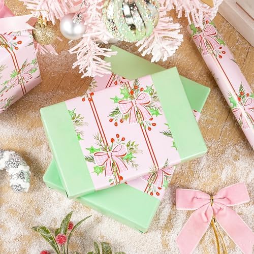 LeZakaa Christmas Wrapping Paper Roll, Pink Red Bow Berry Green Solid Color Design Holiday Gift Wrap for Kids Girls Women, Watercolor Style for Christmas Party Present, Mini Roll 17" x 16.4 ft