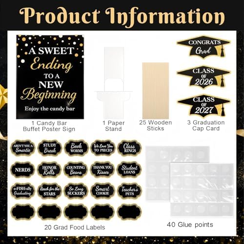 Spakon 24 Pcs Grad Candy Buffet Labels with Stand, Table Signs, Black Gold