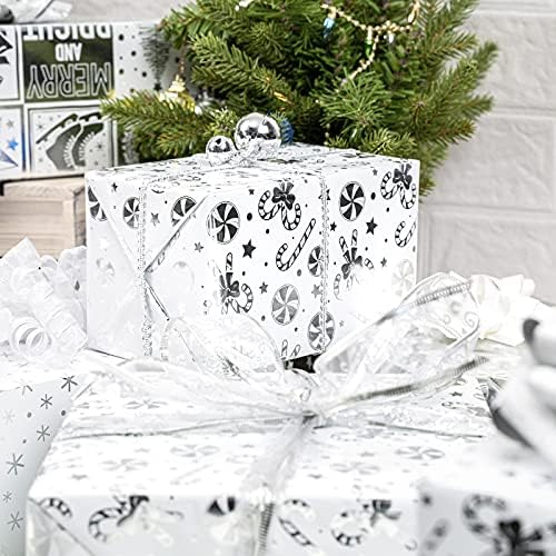 WRAPAHOLIC 30 Inch Silver Christmas Wrapping Paper Roll - Jumbo Roll Silver Snowflakes, Candy Cane Holiday Collection with Metallic Foil Shine - 4 Rolls - 30 Inch x 120 Inch Per Roll
