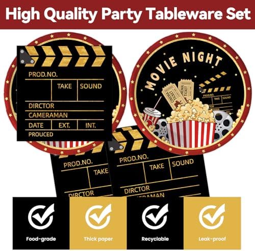 50Pcs Movie Night Plates and Napkins Party Supplies, Disposable Movie Theme Birthday Paper Plates Napkins Tableware Set for Film Action Lights Camera Popcorn Birthday Party Decorations (Movie Night)