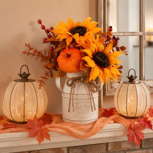 Fall Thanksgiving Centerpieces for Dinner Tables, Faux Floral Metal Potted Plants with Maple Leaf Pumpkin Berry Stems, for Indoor Kitchen Home Autumn Farmhouse Mantel Decor