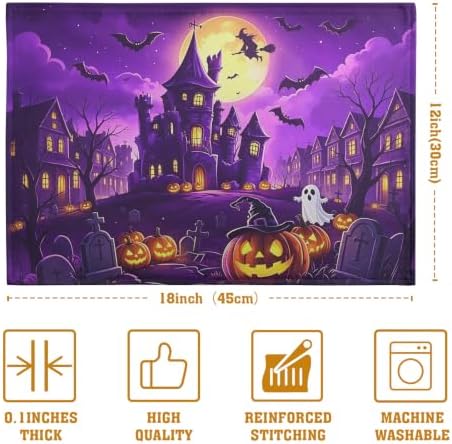 Purple Halloween Placemats Set of 4 Castle Witch Bats Pumpkin Spooky Place Mats Farmhouse Fall Holiday Table Mats for Party Kitchen Dining Outdoor Indoor Decor