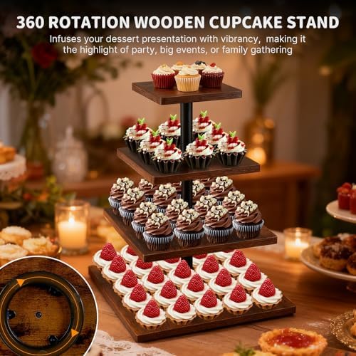 4 Tier Cupcake Stand for 50 Cupcakes,360°Wooden Cake Dessert Tower Holder