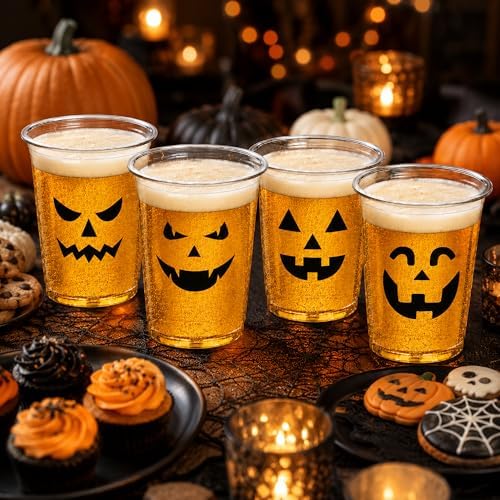 Halloween Plastic Cups,100 Pcs 12 oz Disposable Pumpkin Cups, 4 Designs