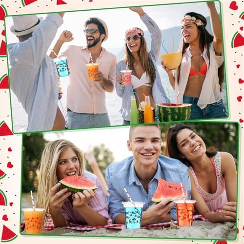 Funnymoom 50 Sets Watermelon Disposable Plastic Cups Bulk with Lids and Straws 16 oz Watermelon Clear Plastic Cups Red Fruit Cold Beverage Drinking Container for Baby Shower Birthday Party Supplies