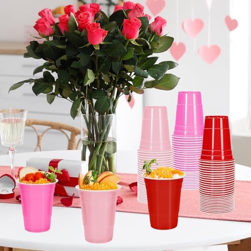 Whaline 60 Pcs Valentine's Day Plastic Cups 16 Oz Drinking Cups Pink Red Disposable Cup for Wedding Birthday Strawberry Cherry Party Supplies