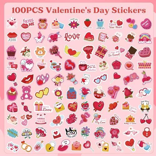 OHOME Valentines Stickers - 100 PCS Heart Stickers for Kids Classroom School - Valentines Day Crafts Gifts Treats Decor Cards Scrapbooking Decorations Supplies - Valentine's Party Favors