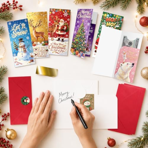 Jaywayang 24 Pack Christmas Money Holders Cards, 6 Styles Xmas Cash Gift Card with Red Envelopes & Holiday Sealing Stickers