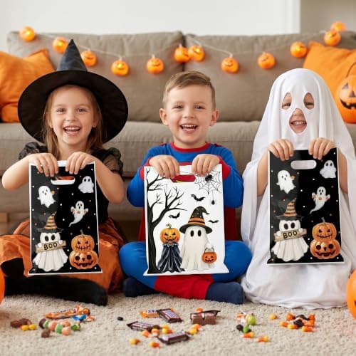 Haooryx Little Boo Party Favor Bag 50Pcs Halloween Pumpkin Plastic Gift Bag