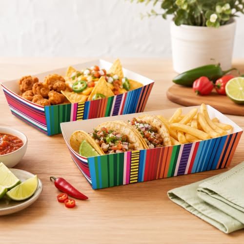 100 Pcs Mexican Fiesta Paper Food Trays, Pre-Folded Disposable Food Boats for Tacos, Nachos, Burritos, Fries, Snacks, Taco Tuesday, Fiesta Party Supplies