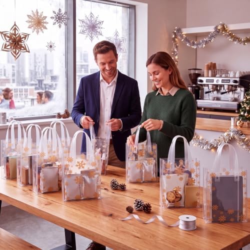 Pajean 25 Pcs Xmas Plastic Gift Bags with Handles, Gold Snowflake Pouches