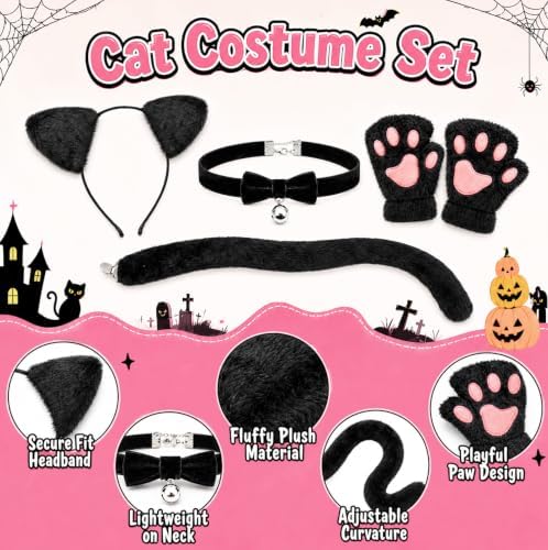 H-Style Cat Costume for Women - Black Cat Ears Headband Woman, Tail, Bell Choker & Gloves - 4 Pack, Halloween Cosplay Costume Outfit Accessories for Adult