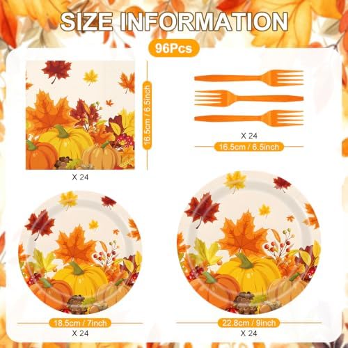 96 Pieces Thanksgiving Pumpkin Tableware Set – Disposable Fall Harvest Paper Plates and Napkins for Thanksgiving Dinner, Friendsgiving, Autumn Harvest Party and Fall Gatherings – Serves 24