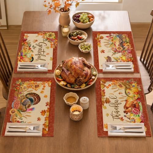 Thanksgiving Placemats Set of 4, Turkey Holiday Placemats Set of 4 12x18 Inch for Dining Table, Thanksgiving Place Mats Pumpkins Table Decor for Kitchen Dining Room Home