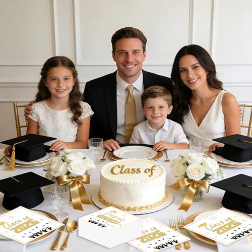 50 Pack Graduation Paper Napkins, Disposable White and Gold Graduation Napkins, Class of 2026 Napkins for Graduation Celebration Party Supplies