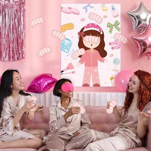 Hooqict Sleepover Slumber Party Games Pin The Blindfold on The Girl for Kids Girls Night Birthday Party Decorations Supplies, Large Pin Tail Games Poster with 27 Stickers