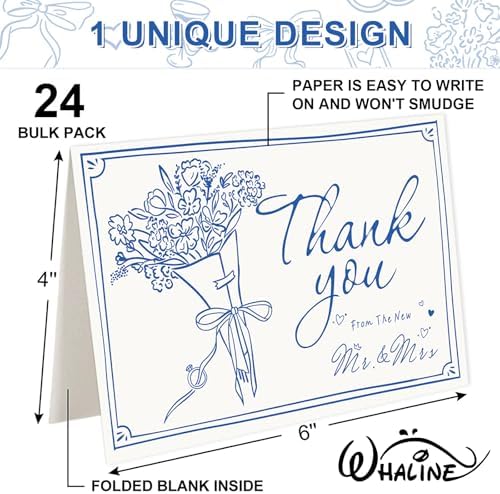 Whaline 24 Pack Wedding Thank You Cards Blue The New Mr & Mrs Flower Bouquet Thank You Blank Note Card Greeting Card with Envelope Sticker for Bridal Shower