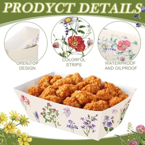 Funnymoom 100 Pcs Wildflower Paper Food Trays Floral Food Serving Trays 4.13 x 2.2 Inches Disposable Vintage Nacho Boat for Spring Birthday Flower Baby Shower Bridal Wedding Tea Party Supplies