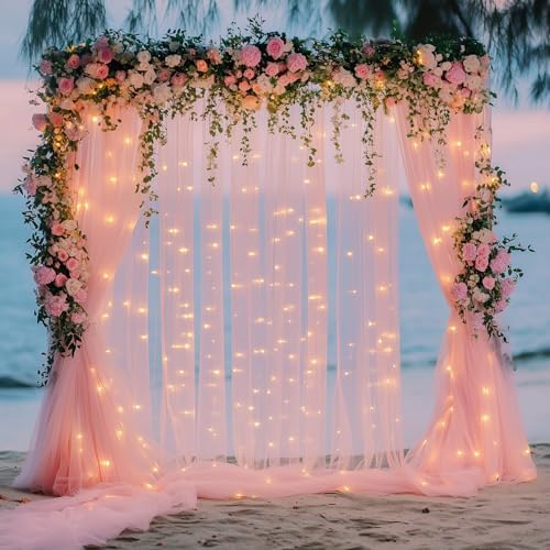 Fomcet Tulle Backdrop Curtains with Lights 10x8ft Sheer Peach Curtain