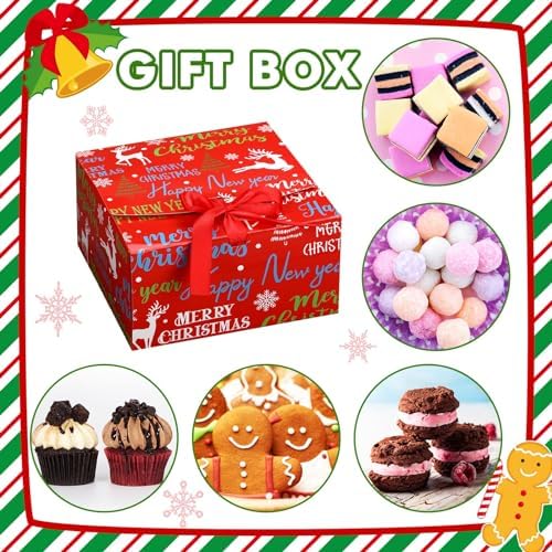 Blulu 12 Pack Christmas Gift Boxes with Lids Present Candy Cookie Boxes Christmas Gift Box with Ribbon Xmas Holiday Cupcakes Box for Pastries Donuts Treat Gifts Party Favors, 6.7 x 6.7 x 3.5 Inches