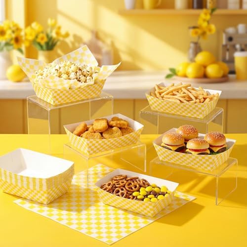 Geosar 100 Pcs Gingham Paper Food Tray with Wax Paper,Yellow White
