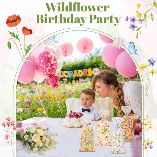 QOIUSO 50 PCS Wildflower Party Cellophane Treat Bags - 4.9 x 10.8 Inch Plastic Floral Party Favor Bags with Twist Ties - Clear Candy & Cookie Gift Bags for Baby Shower, Bridal, Wedding, Birthday