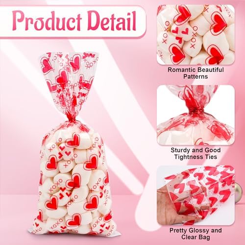 Valentines Cellophane Bags, Valentines Gift Bag, Valentine Treat Bags, Plastic Clear Red Valentine's Candy Cookie Goodie Snack Bag with Twist Ties for Valentines Day Wedding Party Favor Supplies,50 Pcs