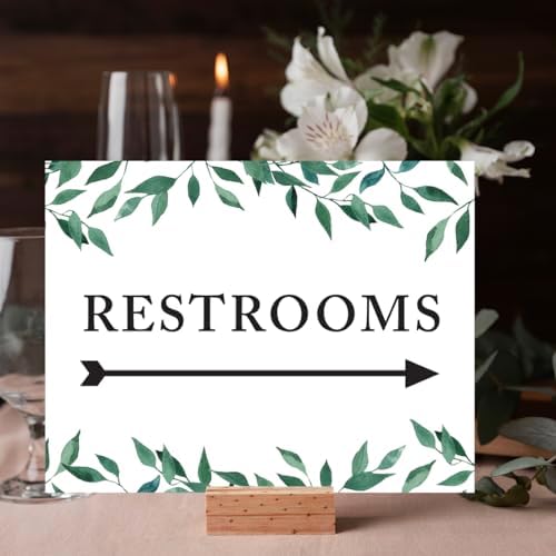 Andaz Press Wedding Party Directional Signs, Natural Greenery Green Leaves, 8.5x11-inch, Double-Sided, Restrooms with Big Arrow, 1-Pack