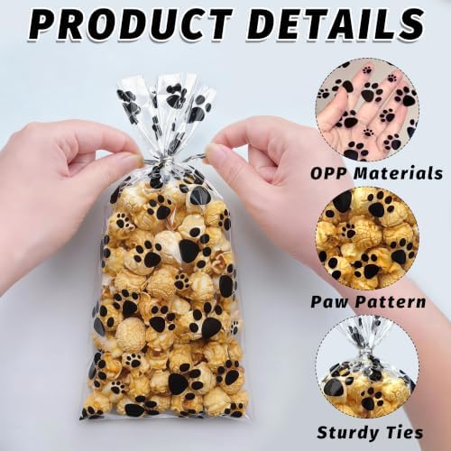ZYLOP 50 Pcs Pink Dog Paw Print Treat Bags, 5 x 11 Inch Clear Cellophane Puppy Party Favor Bags with 60 Silver Twist Ties, Pink Plastic Goodie Bag for Pet Birthday, Girls' Party, Candy & Cookies