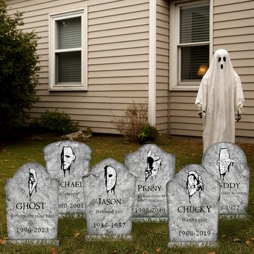 Halloween Decorations Outdoor Graveyard Tombstones: 6ct Large Tombstone Halloween Decor Yard Signs with Stake, 17" Tall Scary Gravestones with Half Killer Face, Waterproof Lawn Decor Outside, Not Foam
