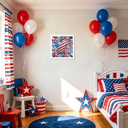 Patriotic Diamond Art Kits for Kids with Frame, American Flag Diamond Painting Kits for Kids Ages 4-8-12, 4th of July Easy Diamonds Gem Art Craft for Girl Boy, Gift Package for and Home Decor 7x7inch