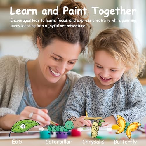 Gemozaic Butterfly Paint by Numbers Kit for Kids with Frame and Easel, Butterfly Life Cycle Framed Kids Paint by Number on Canvas Age 6-8-12 for Gift, Home, Wall Decor, 8x8 Inch