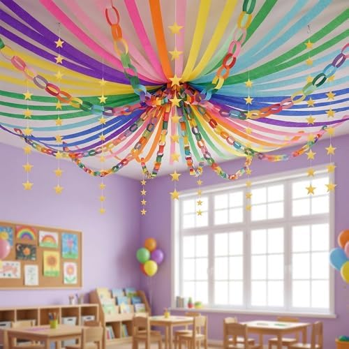 1000 Sheet Rainbow Paper Chain Strips and 65 ft Star Garland Set