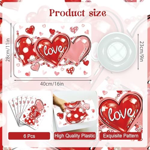 6 Set Valentine's Day Placemats, 11x16 Inch Love Heart and Bead Plastic Placemats Red Pink Hearts Spring Holiday Table Mats for Wedding Party Festival Decor
