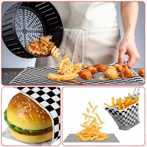 Geosar 200 PcsGingham Paper Food Tray with Wax Paper,Black White