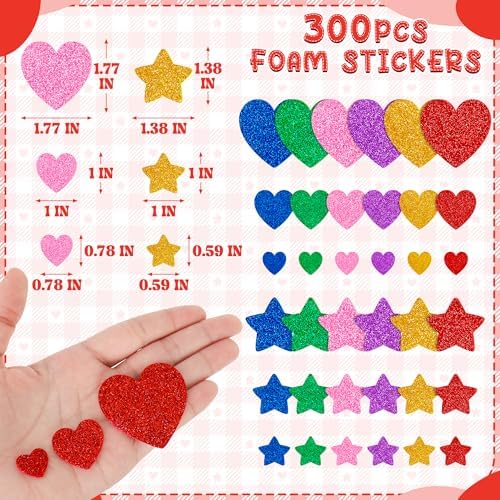 300 PCS Foam Stickers, Colorful Heart Stickers Glitter Star Heart Stickers, Self Adhesive Arts Craft Mini Star Bulk for Valentine Crafts DIY Greeting Card Envelopes Scrapbooking