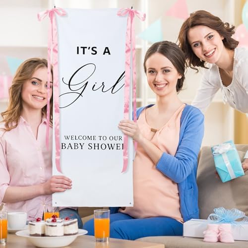 Oudain 60x24 Inch It's a Girl Banner Baby Shower Burlap Backdrop