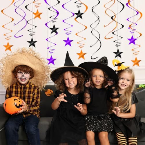36Pcs Black Orange and Purple Star Swirl Decorations, Plastic Foil Star Swirl Ceiling Hanging Decorations Spiral Streamer Party Supplies for Halloween Fall All Kinds of Parties