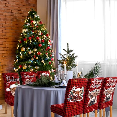 Mindsoft 6 Pcs Christmas Chair Covers Highland Cow Dining Chair Slipcovers