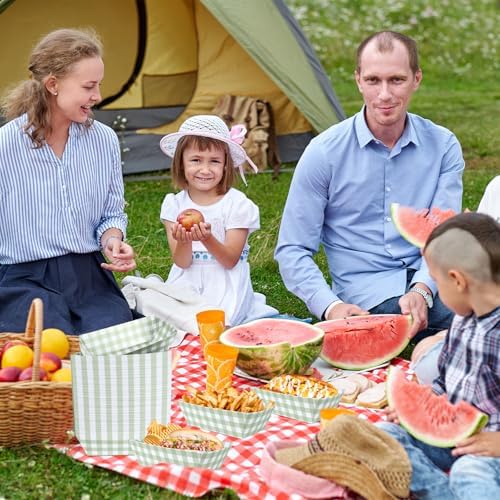 100 Pcs Sage Gingham Paper Food Trays, Pre-Folded Light Green Checkered Disposable Food Boats for Hot Dogs, Fries, Nachos, Snacks, Carnival, Picnic, Baby Shower, Rustic Wedding, BBQ Party Supplies