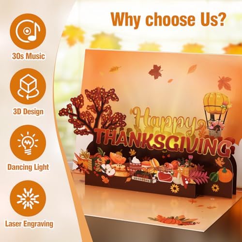 D4DREAM Musical Thanksgiving Card with Light for Adults Kids Family Friends