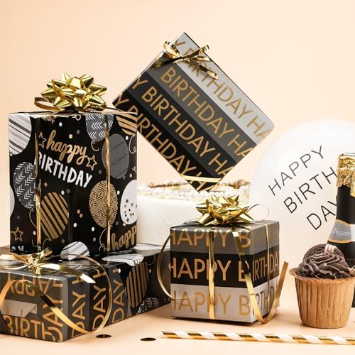 RUSPEPA Reversible Birthday Wrapping Paper Roll, Mini Roll, Black Gold Foil Happy Birthday Balloon & Stripe Text Design Gift Wrap Paper for Men, Boy, Adults, Party Celebration, 17.5 Inches x 32.8 Feet