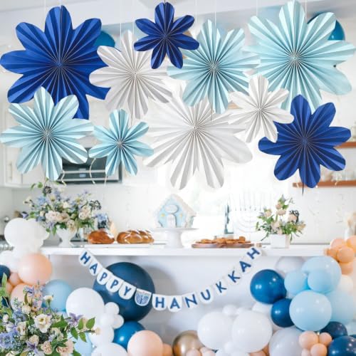 Blue Paper Flowers Navy Blue White Hanging Paper Fans 10Pcs