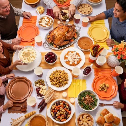 350 Pcs Orange Brown Fall Party Supplies - Red Orange Yellow Autumn Tableware set Include Gradient Scalloped Plate Napkin Cup & Cutlery for Thanksgiving, Fall Wedding, Harvest Party