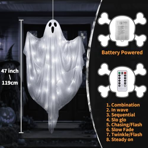 4 FT Halloween Hanging Ghost Decorations with 50 LED Lights, Light Up White Ghost Outdoor Decor with Timer & 8 Lighting Modes, Hanging Halloween Ghost for Front Porch, Yard, Patio, Garden & Party