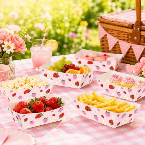 100 Pcs Strawberry Paper Food Trays, Pre-Folded Disposable Food Boats for Cookies, Cupcakes, Popcorn, Candy, Snacks, Strawberry Birthday, Baby Shower, Bridal Shower Party Supplies