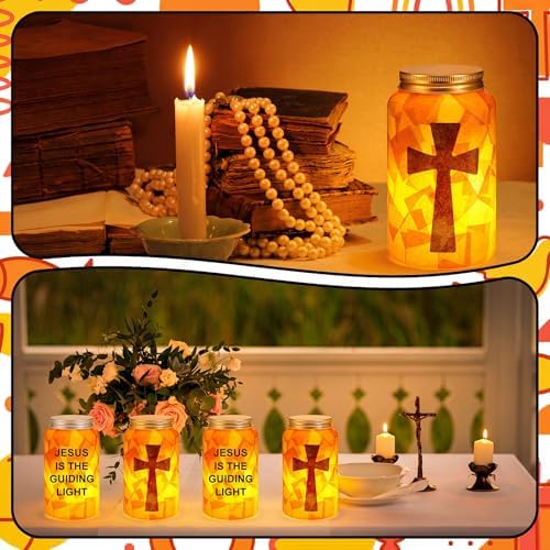 Qinyoung 12 Sets Religious Cross Crafts Jesus Lights The Way Mason Jars Tissue Paper Crafts with LED Candle Light Make Your Own VBS Mason Jars Decoration for Camping Sunday School Projects Activity