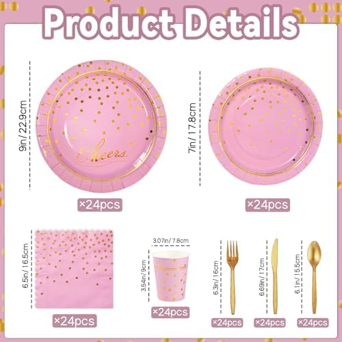 168Pcs Pink and Gold Paper Plates and Napkins Party Supplies for 24 Guest