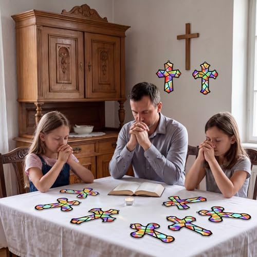 Renbuzhu 48PCS Sunday School VBS Crafts Bulk: Paper Cross Nativity Suncatchers, Jesus Religious Christian Activity DIY Kits Church Decorations, Window Stained Glass Effect Art Supplies