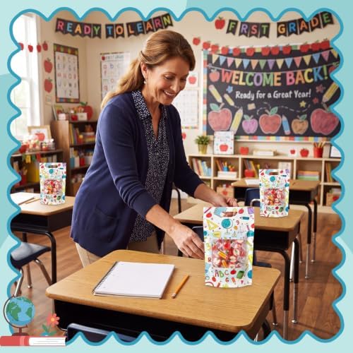 Engrowtic 100 Pcs Back to School Treat Bags Plastic Resealable Gift Bags with Handles First Day of School Goodie Pouches for Students Teacher Classroom Preschool Kindergarten Party Favors Wrapping